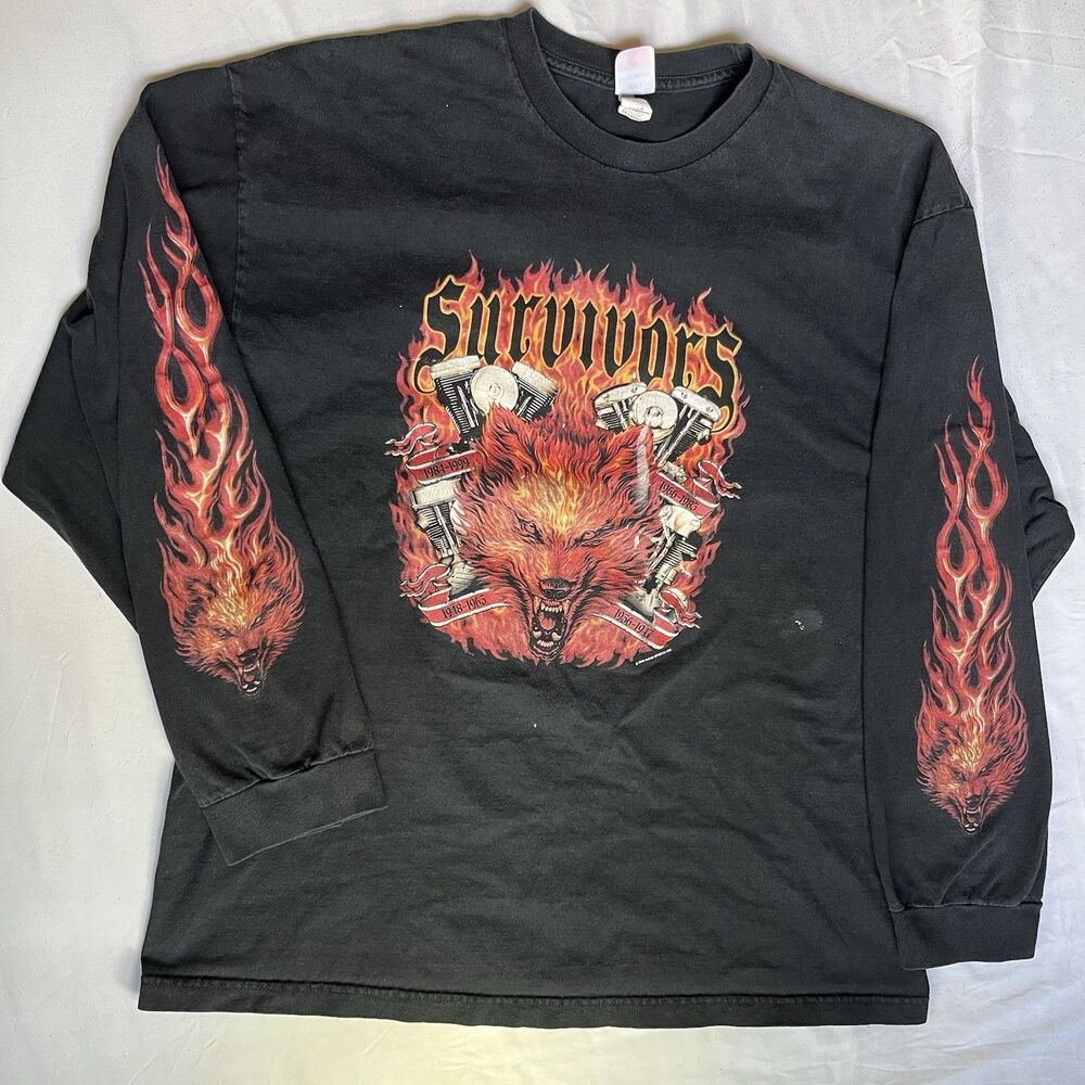 VTG 2005 Survivors Long Sleeve T Shirt 2XL Hot Leathers New Castle Flames Wolf